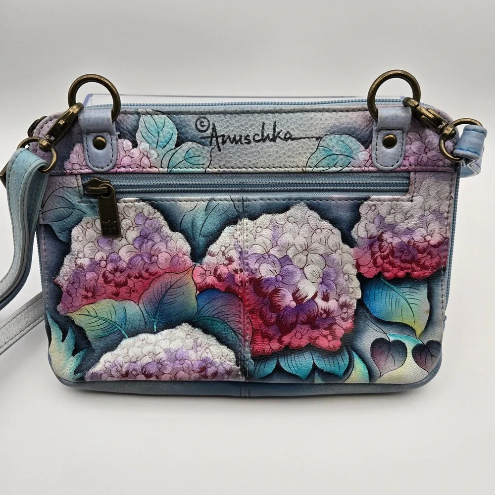 Anuschka Hand Painted Leather Crossbody Bag Clutch Hypnotic Hydrangea Floral